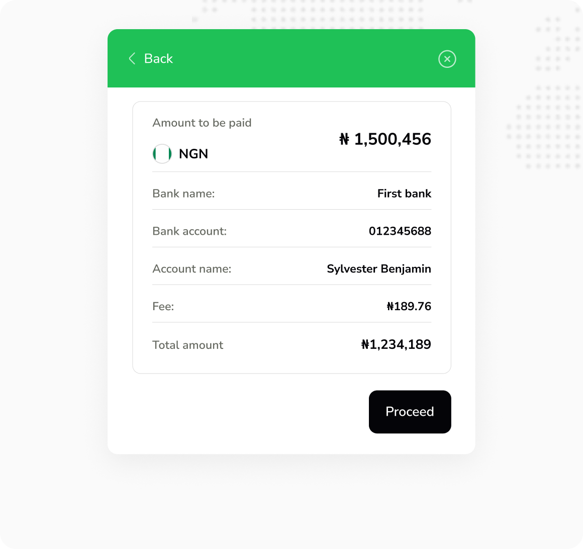 With Named Payout user interface showing transaction details
