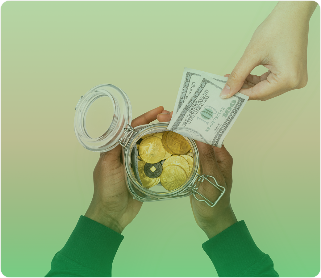 Hands holding cash over a jar